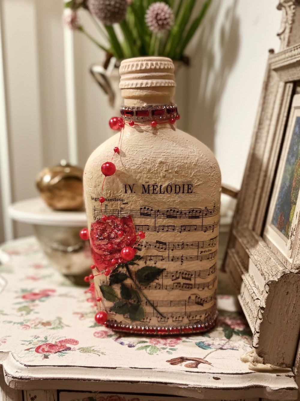 Handcrafted Cream Decorative Bottle with Red Rose Accent